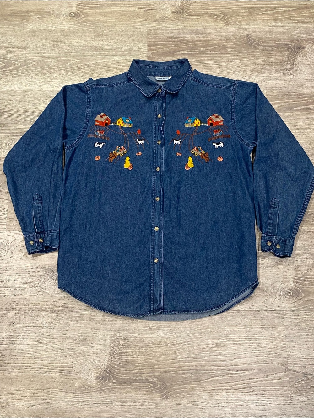 VTG 90s Cabin Creek Embroidered Fall Denim Shirt M Cottagecore Grandmacore Teach